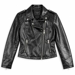 Guess Womens Black Faux Leather Moto Biker Jacket Snakeskin Embossed Size M